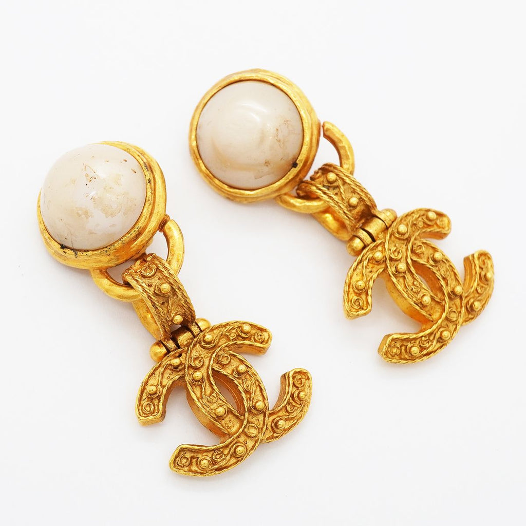 Chanel Earrings Vintage CC Logo Gold Plated Faux Pearl — view 2