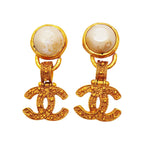 Chanel Earrings Vintage CC Logo Gold Plated Faux Pearl