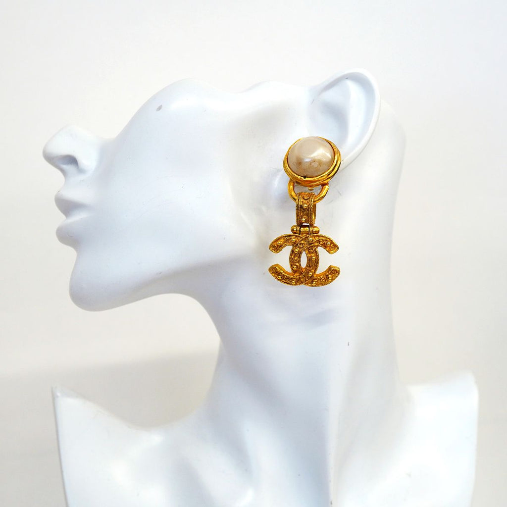 Chanel Earrings Vintage CC Logo Gold Plated Faux Pearl — view 5