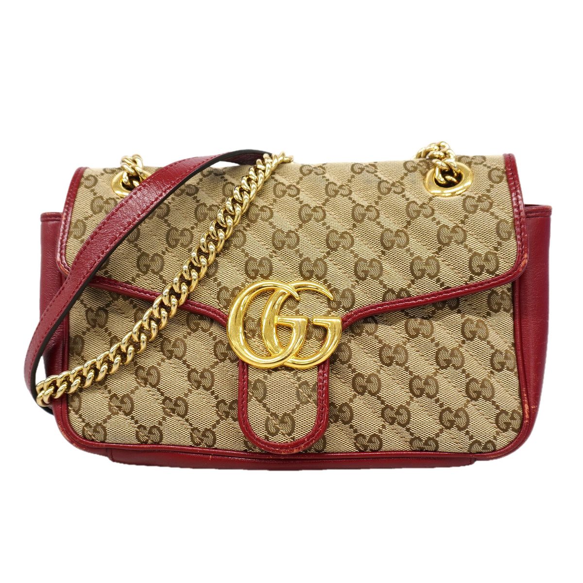 Gucci Shoulder Bag GG Canvas Marmont Beige Red Gold