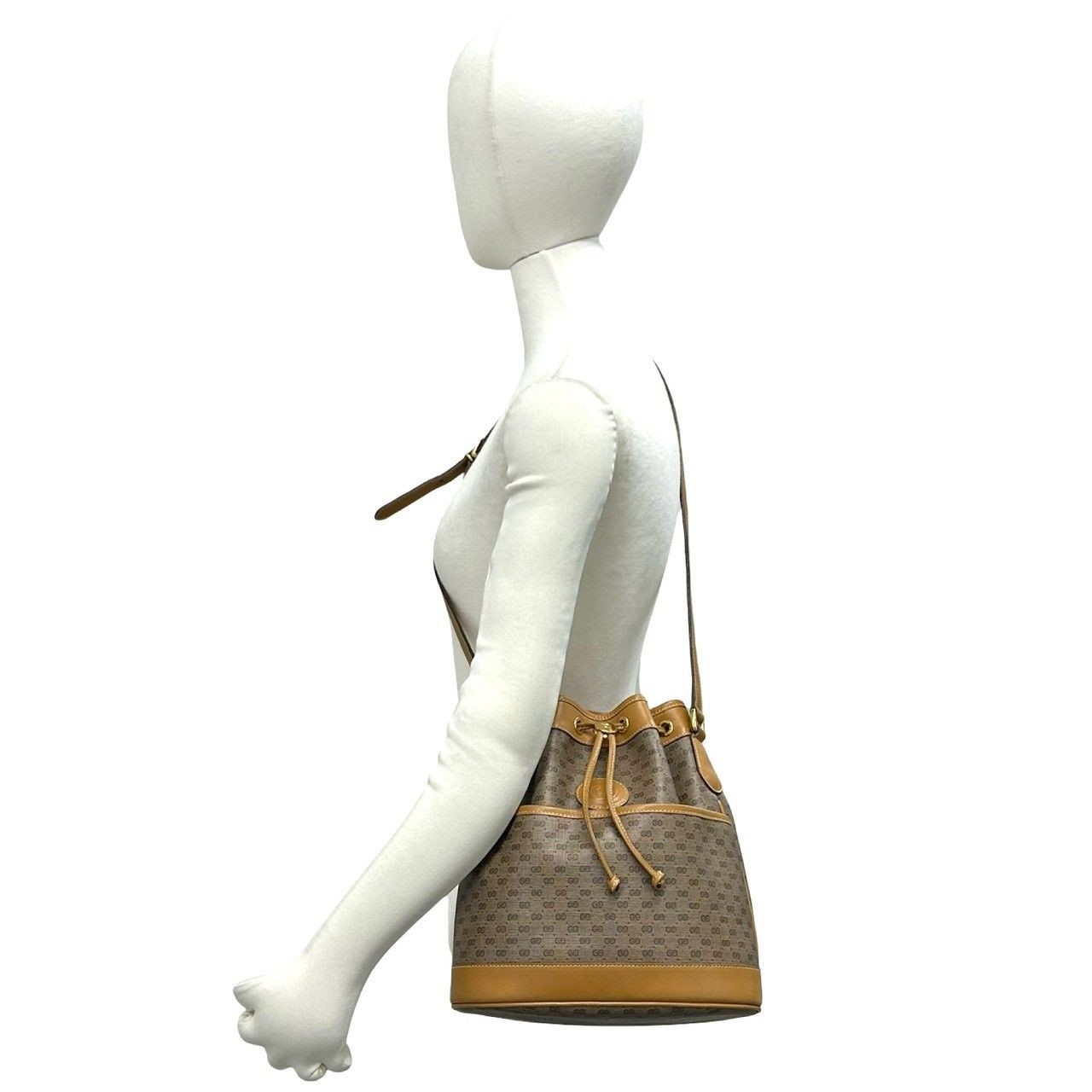 Gucci Vintage Micro GG Pattern Logo Leather Drawstring Shoulder Bag Brown — view 2
