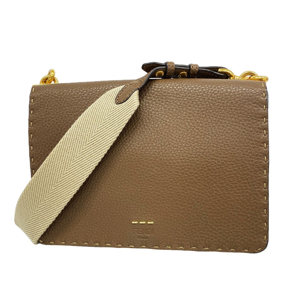 Fendi Shoulder Bag Selleria Leather Brown Gold