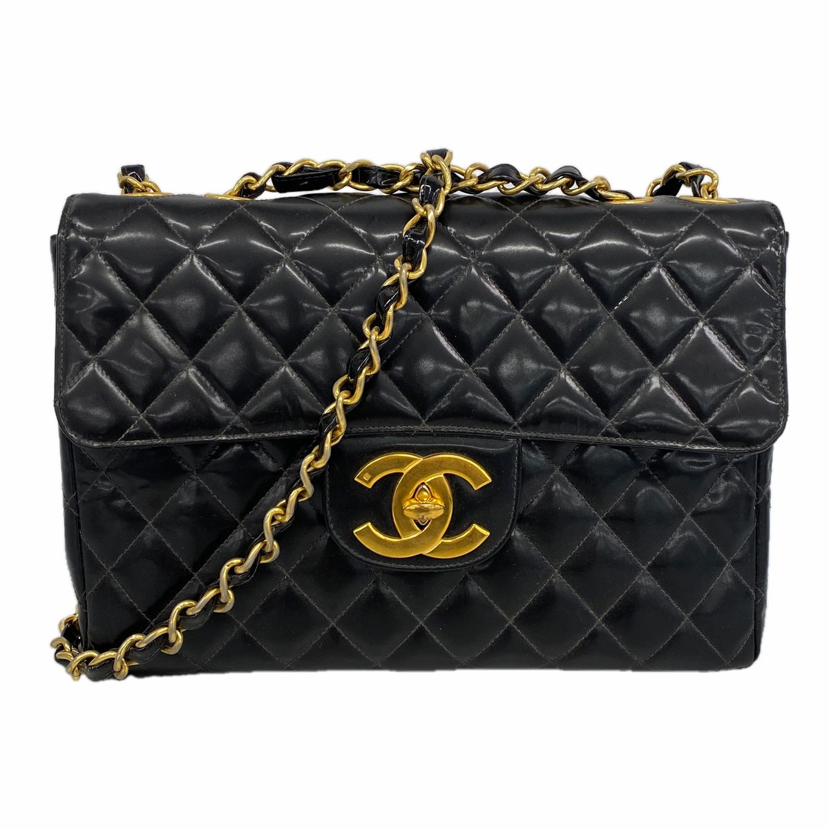 Chanel Shoulder Bag Maxi Quilted Patent Leather Black Gold