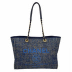 Chanel Tote Bag Deauville Tweed Blue Gold