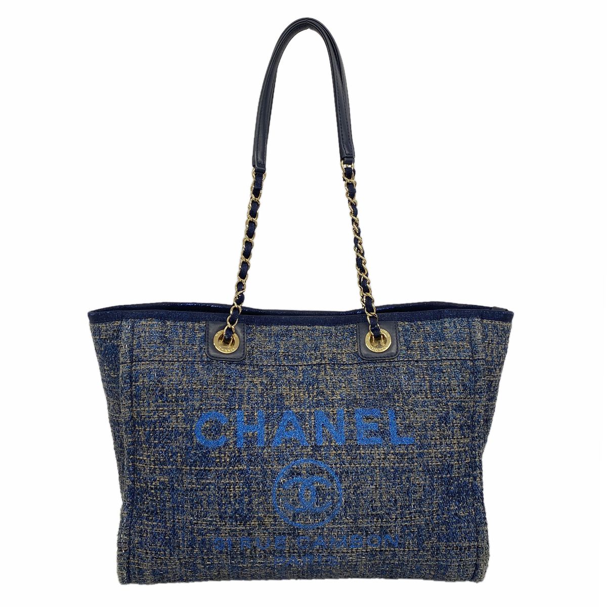Chanel Tote Bag Deauville Tweed Blue Gold