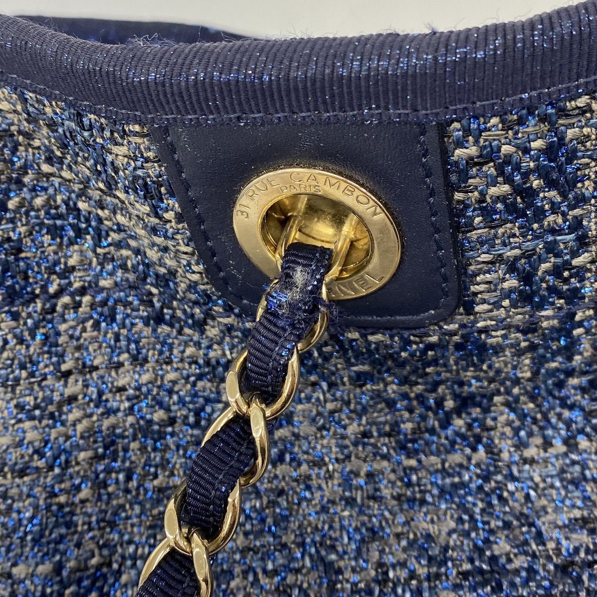 Chanel Tote Bag Deauville Tweed Blue Gold — view 8