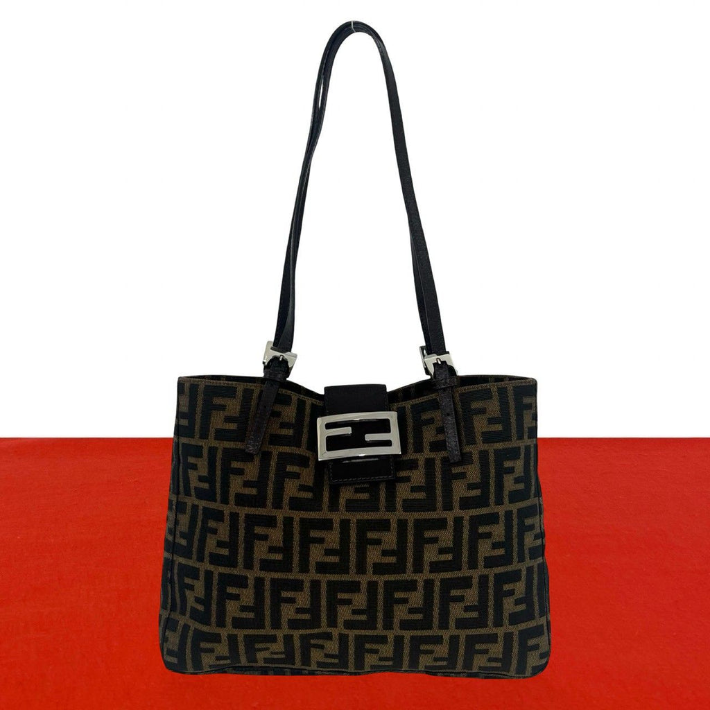 Fendi Vintage Zucca Pattern FF Logo Canvas Leather Shoulder Bag Tote Brown