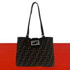 Fendi Vintage Zucca Pattern FF Logo Canvas Leather Shoulder Bag Tote Brown