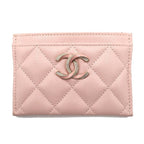 Chanel Ten Pass Case Card Case Pink Caviar Leather CC Logo Rhinestone