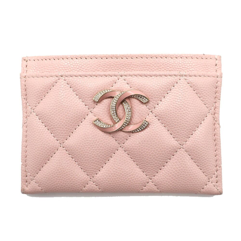 Chanel Ten Pass Case Card Case Pink Caviar Leather CC Logo Rhinestone