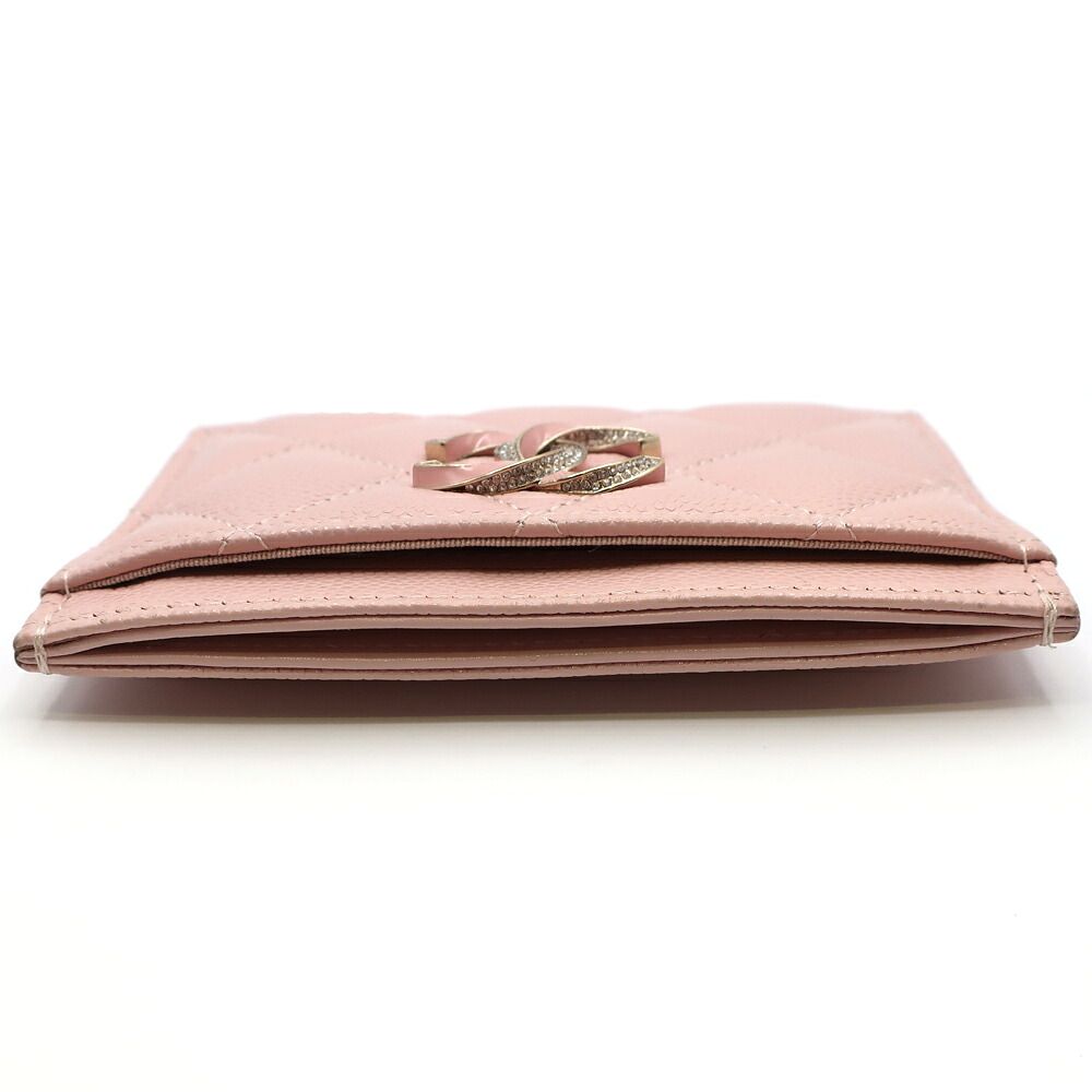 Chanel Ten Pass Case Card Case Pink Caviar Leather CC Logo Rhinestone — view 5