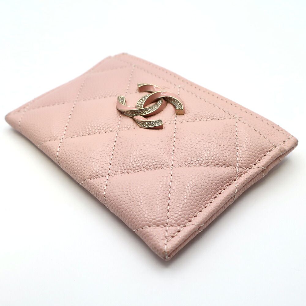 Chanel Ten Pass Case Card Case Pink Caviar Leather CC Logo Rhinestone — view 3