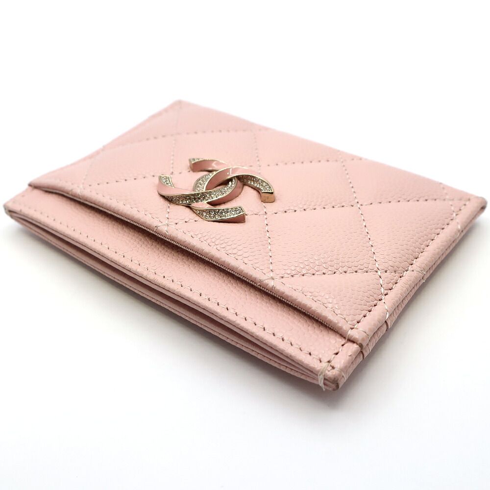 Chanel Ten Pass Case Card Case Pink Caviar Leather CC Logo Rhinestone — view 4