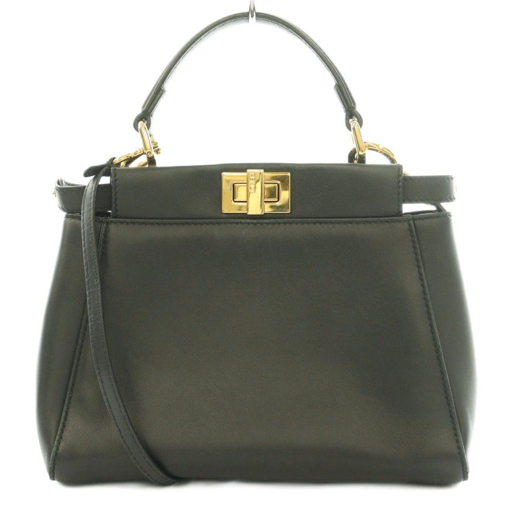 Fendi Peekaboo Mini Leather 2-Way Handbag Shoulder Twist Lock Logo Black BB