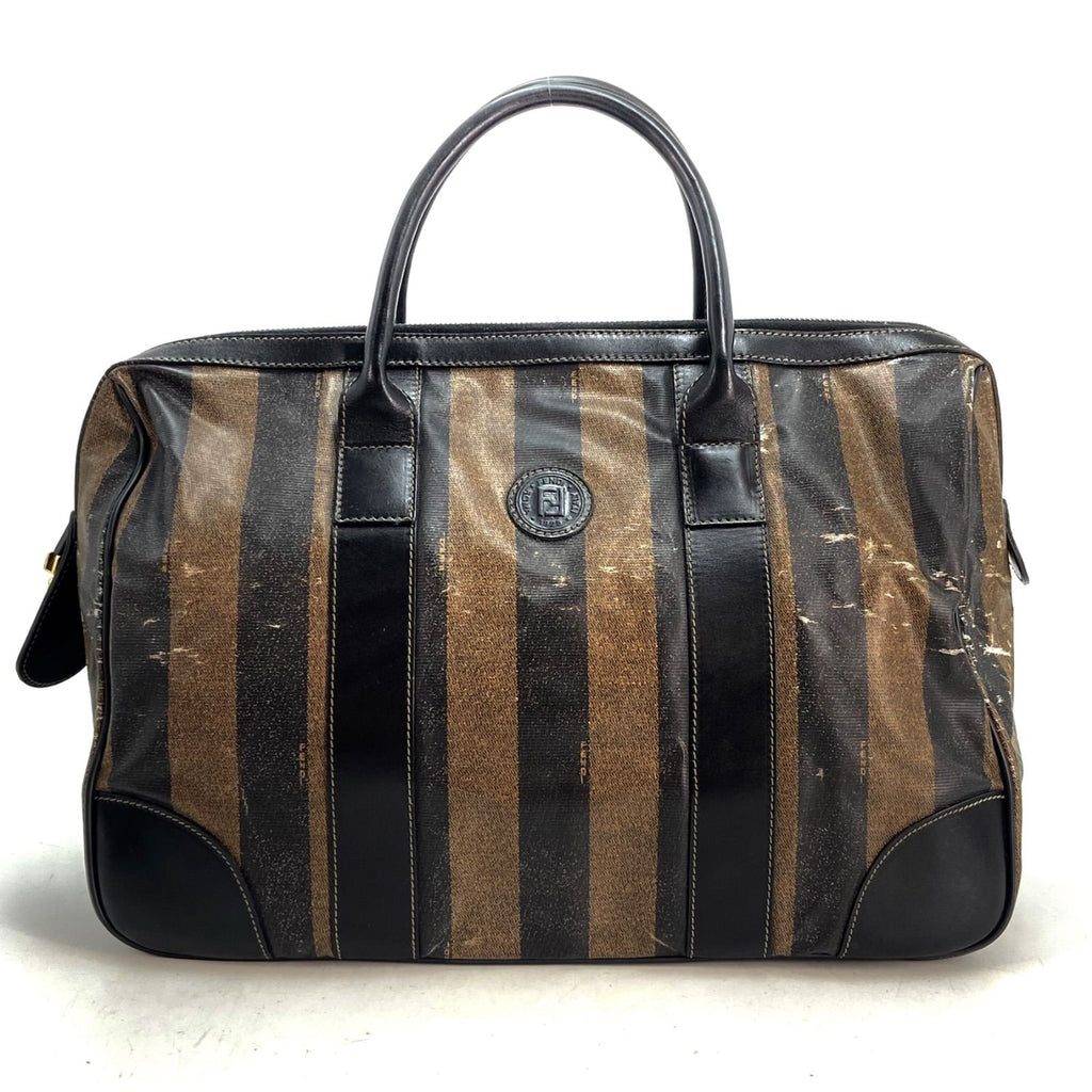 Fendi Pecan Pattern Boston Bag Stripe with Mini Pouch Leather Nylon Brown Black