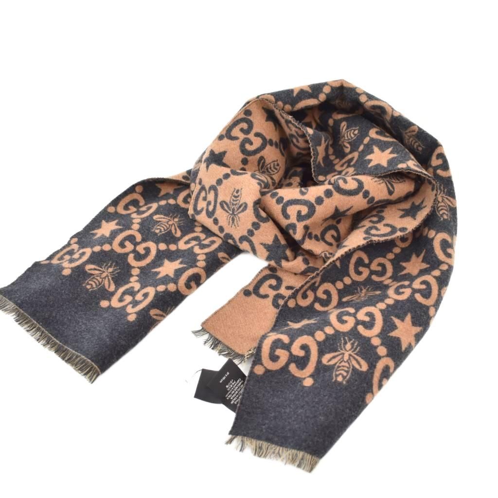 Gucci Bee & Star GG Jacquard Scarf Shawl Black Brown — view 2