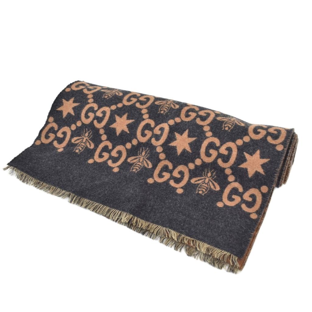 Gucci Bee & Star GG Jacquard Scarf Shawl Black Brown