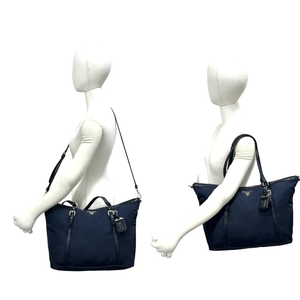 Prada Logo Nylon Leather 2-Way Tote Shoulder Bag Navy — view 2