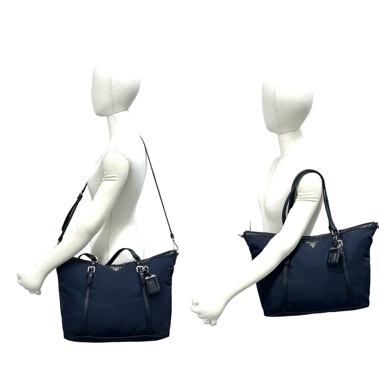 Prada Logo Nylon Leather 2-Way Tote Shoulder Bag Navy — view 2