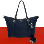 Prada Logo Nylon Leather 2-Way Tote Shoulder Bag Navy