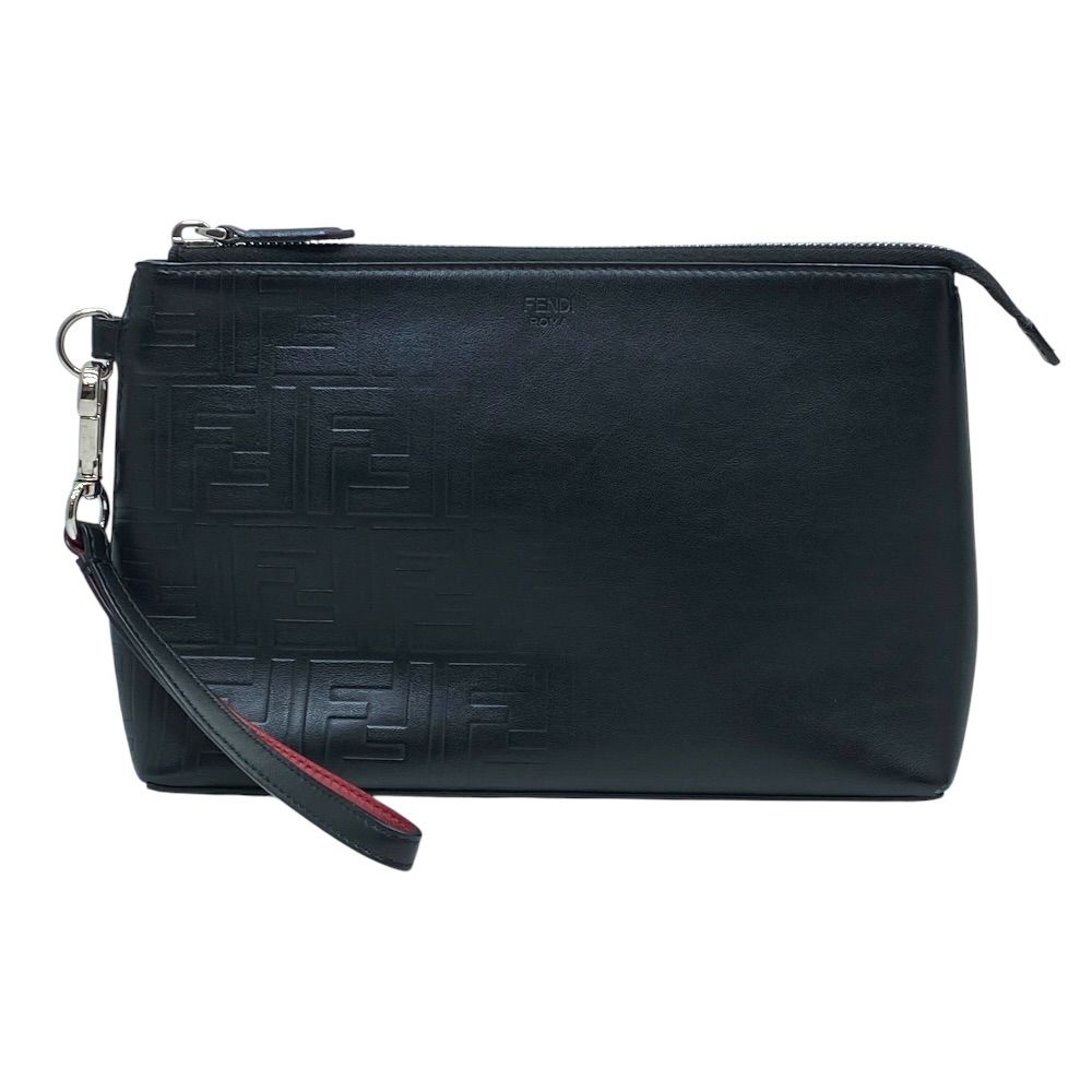 Fendi Clutch Pouch FF Logo Zucca Leather Black Lightweight Capacity