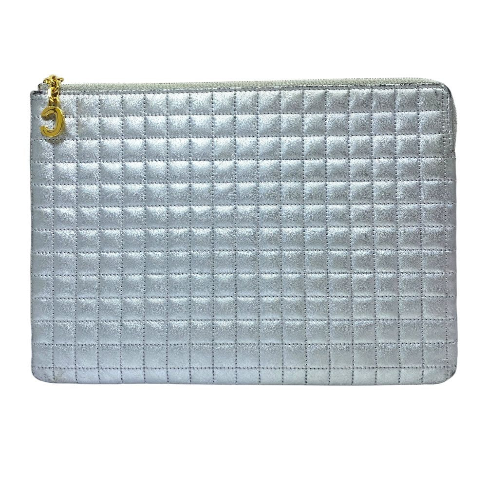 Celine C Charm Clutch Pouch Quilted Leather Silver Lightweight Capacity