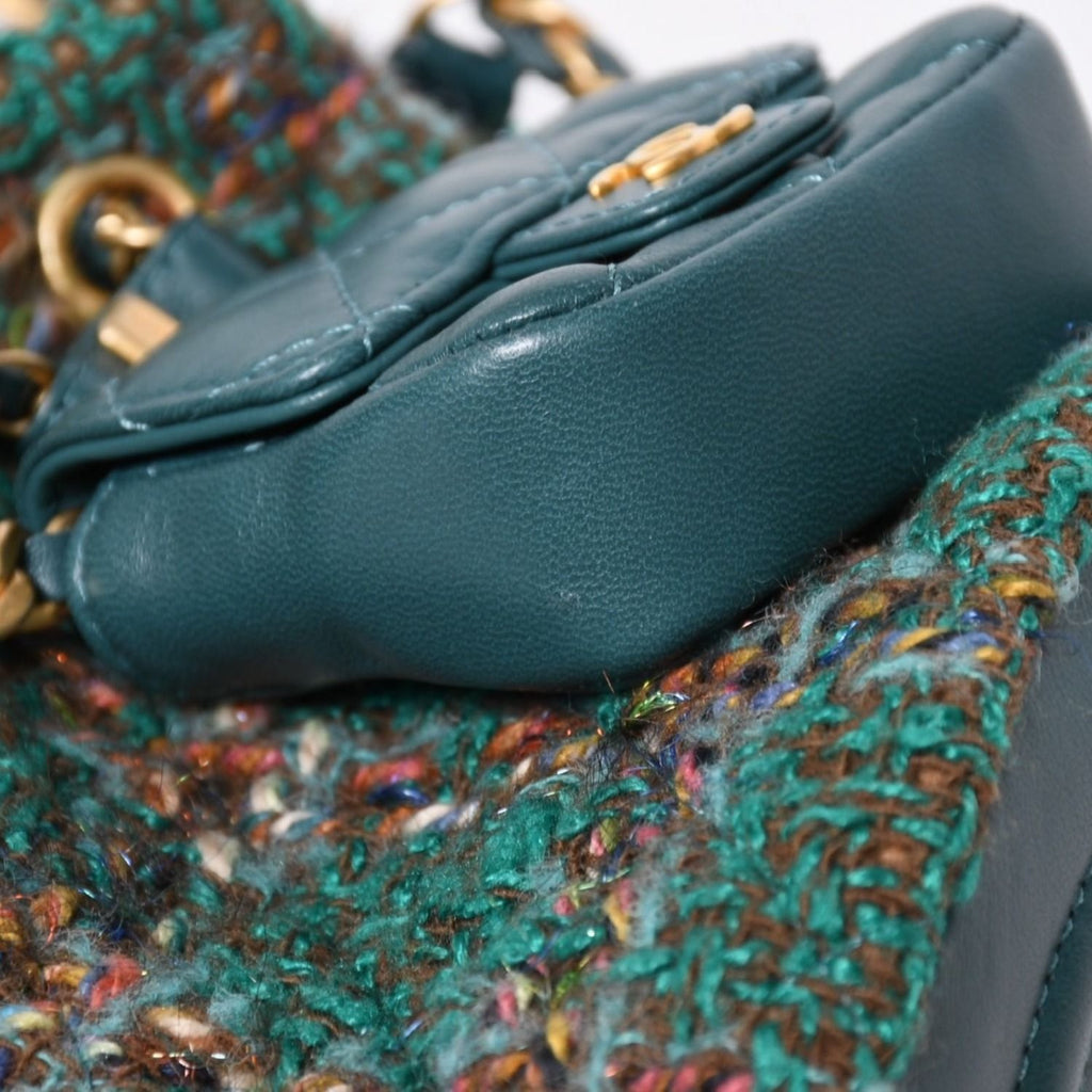Chanel Small Backpack Base CC Logo Tweed Lambskin Green Gold — view 7