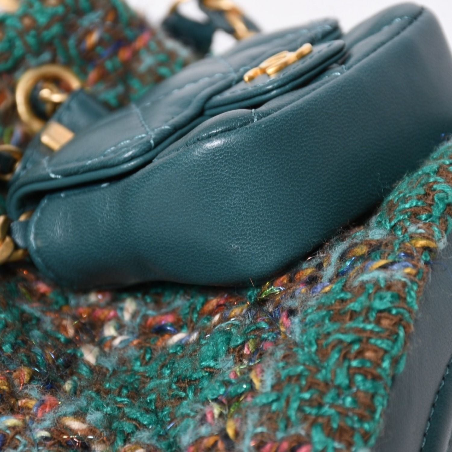 Chanel Small Backpack Base CC Logo Tweed Lambskin Green Gold — view 7