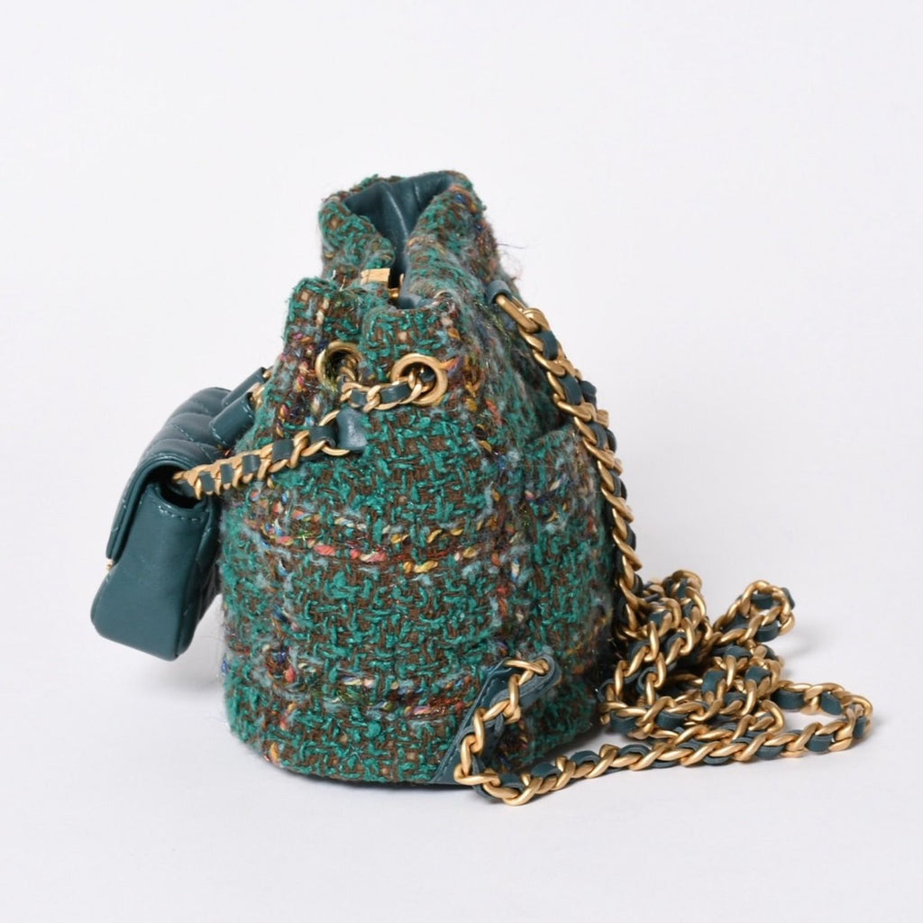 Chanel Small Backpack Base CC Logo Tweed Lambskin Green Gold — view 4