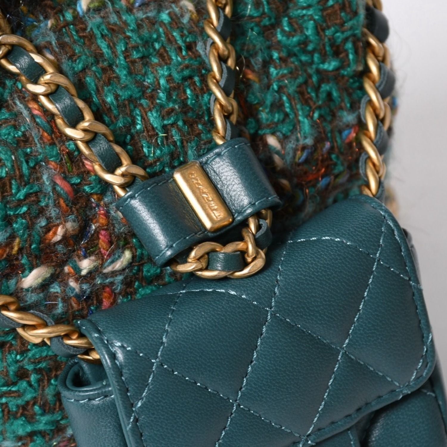 Chanel Small Backpack Base CC Logo Tweed Lambskin Green Gold — view 6