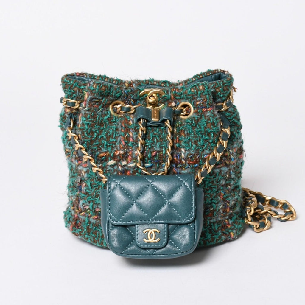 Chanel Small Backpack Base CC Logo Tweed Lambskin Green Gold