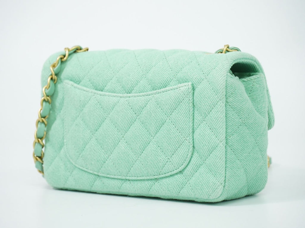 Chanel CC Logo Quilted Chain Shoulder Bag Denim Light Green Vintage — view 2