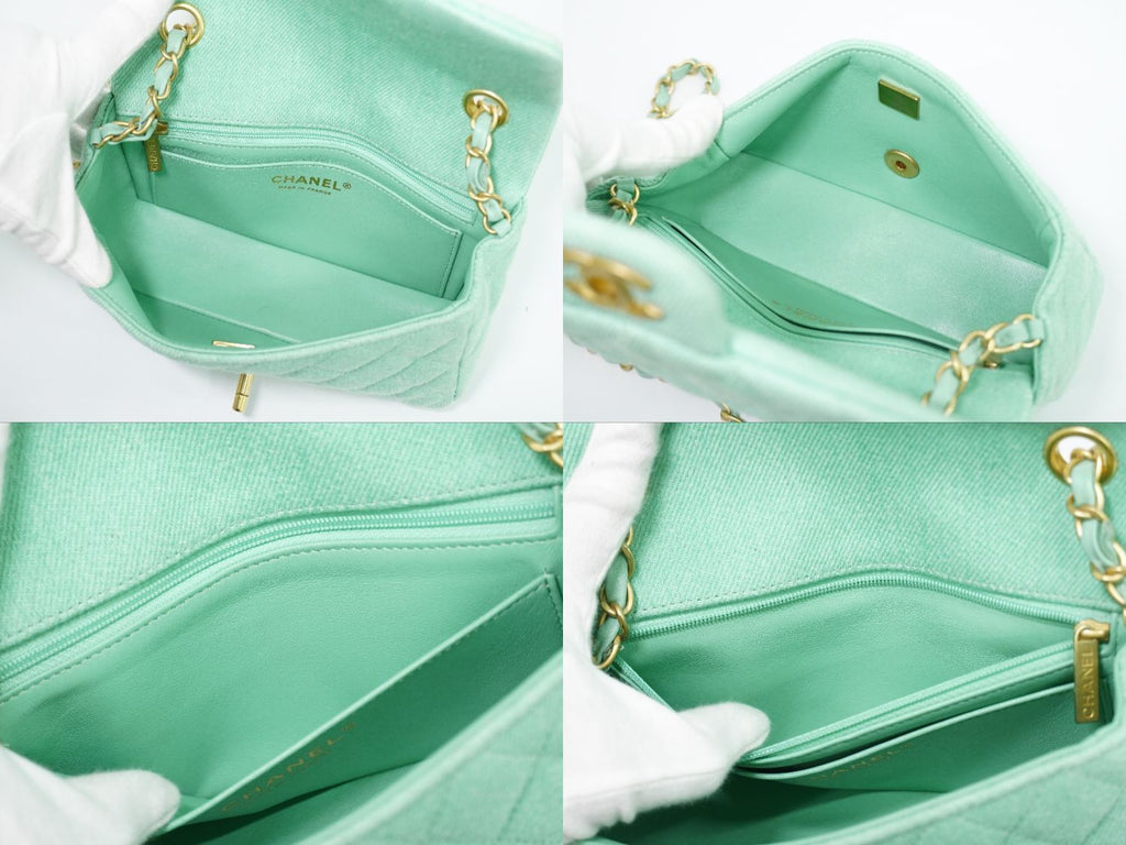 Chanel CC Logo Quilted Chain Shoulder Bag Denim Light Green Vintage — view 8