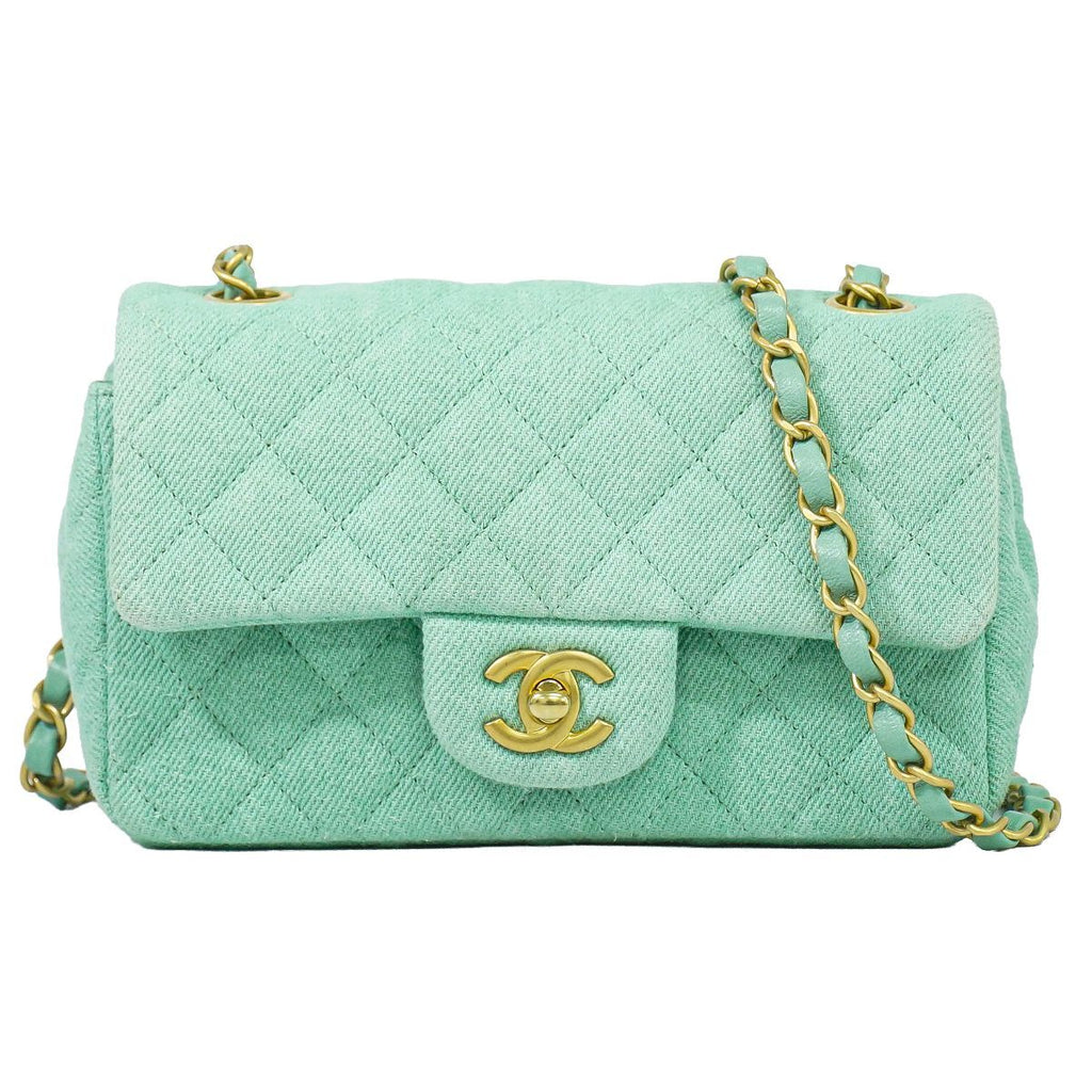 Chanel CC Logo Quilted Chain Shoulder Bag Denim Light Green Vintage
