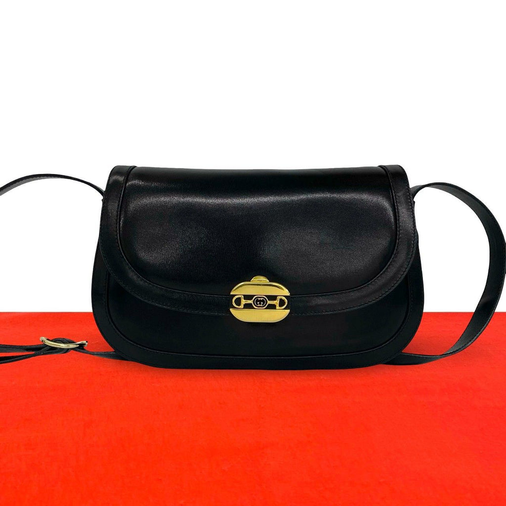 Gucci Vintage Horsebit GG Logo Leather Shoulder Bag Pochette Black