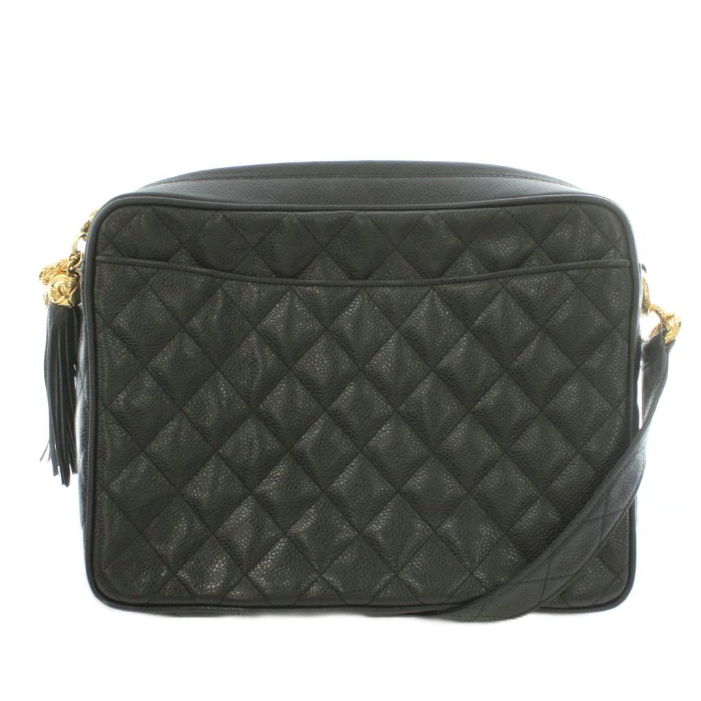 Chanel Quilted Caviar Leather Shoulder Bag CC Logo Tassel Number 2 Black Gold