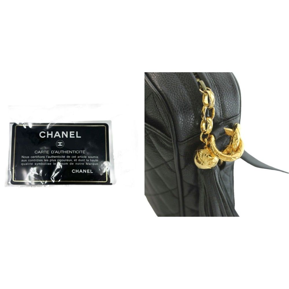 Chanel Quilted Caviar Leather Shoulder Bag CC Logo Tassel Number 2 Black Gold — view 8