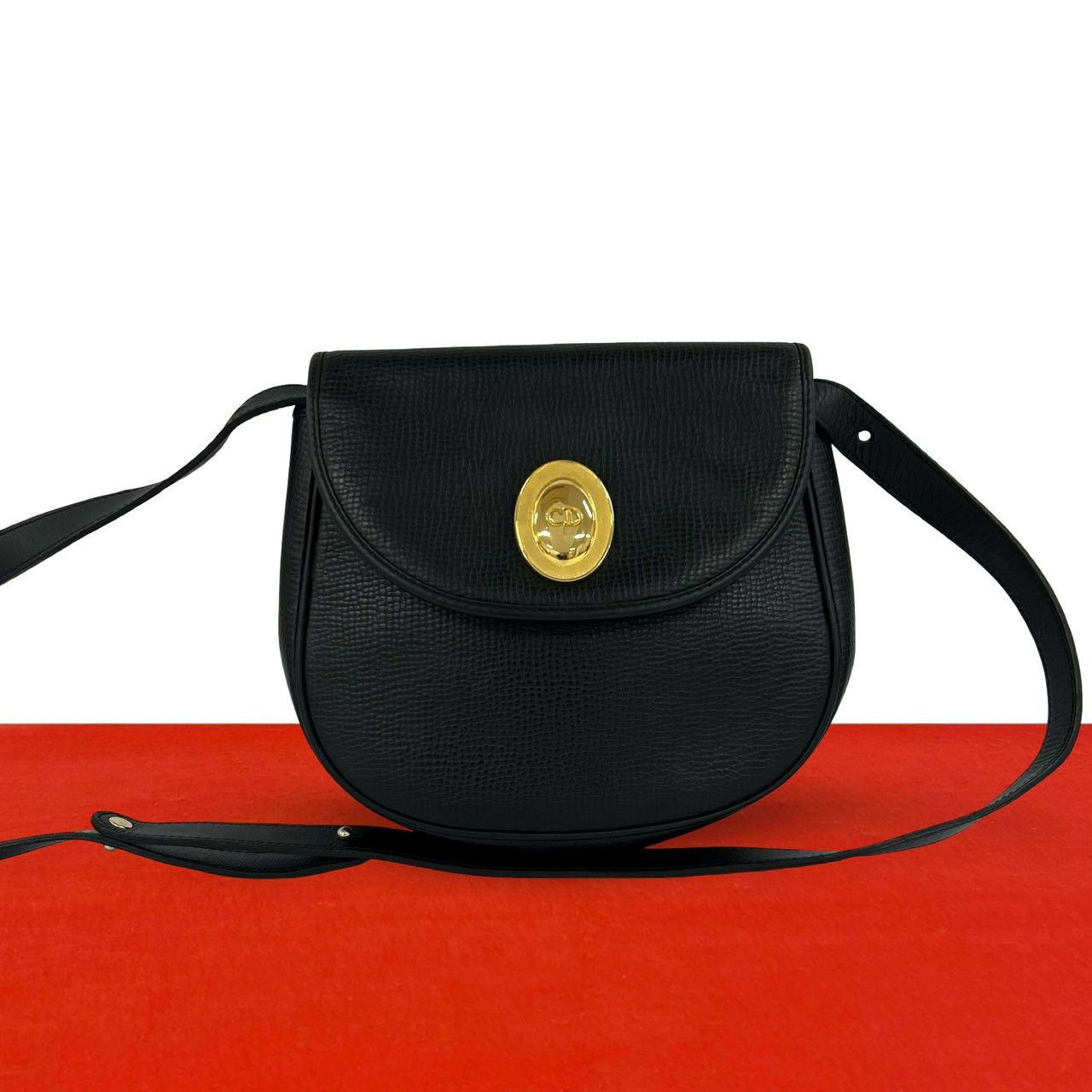 Dior Vintage CD Logo Leather Shoulder Bag Pochette Black