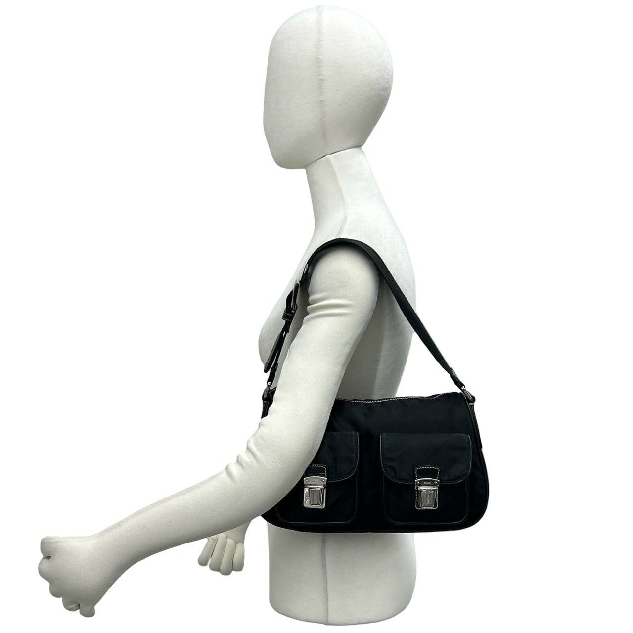 Prada Triangle Logo Leather Tessuto Shoulder Bag Handbag Black — view 2