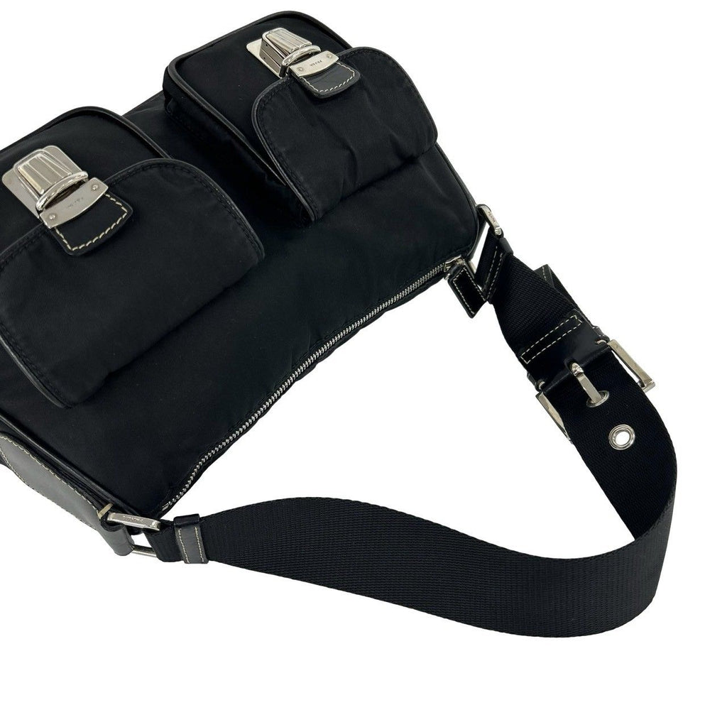 Prada Triangle Logo Leather Tessuto Shoulder Bag Handbag Black — view 4