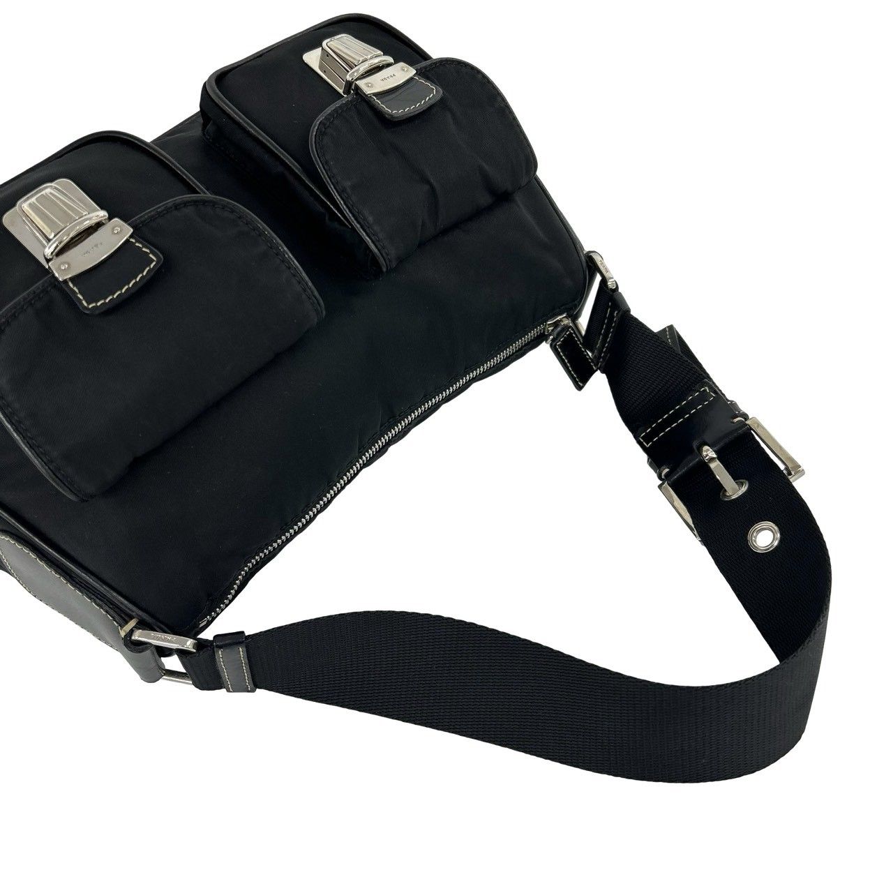 Prada Triangle Logo Leather Tessuto Shoulder Bag Handbag Black — view 4