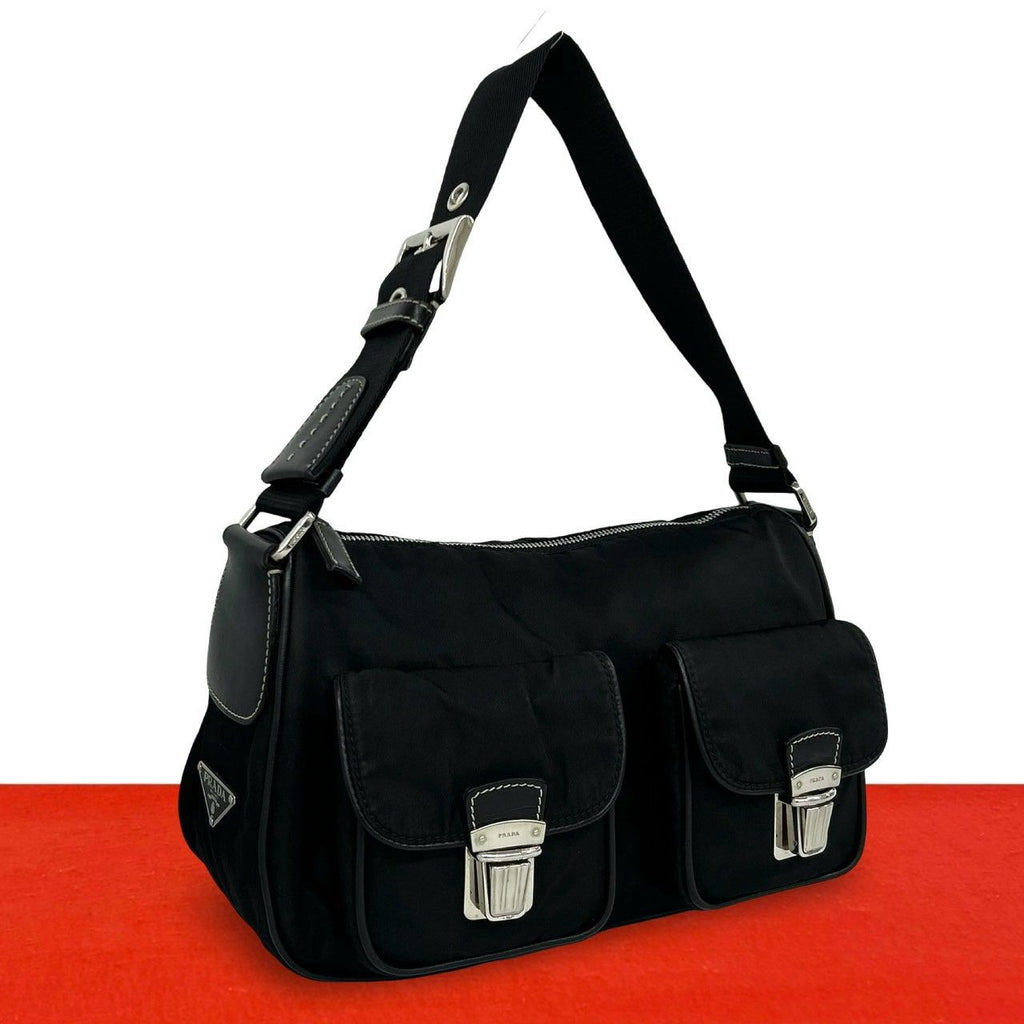Prada Triangle Logo Leather Tessuto Shoulder Bag Handbag Black