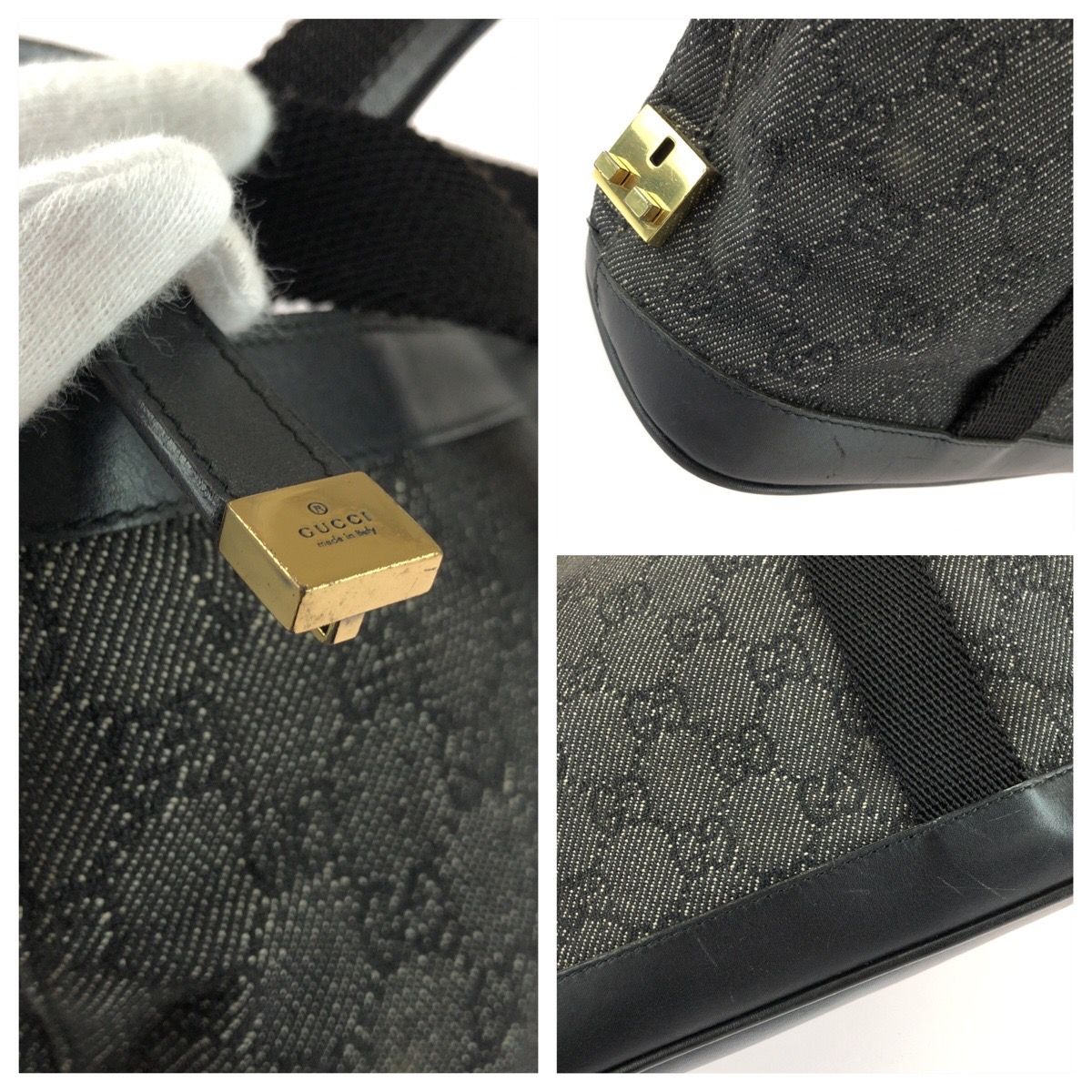 Gucci Black Gold GG Canvas Leather Handle Tote Bag — view 5