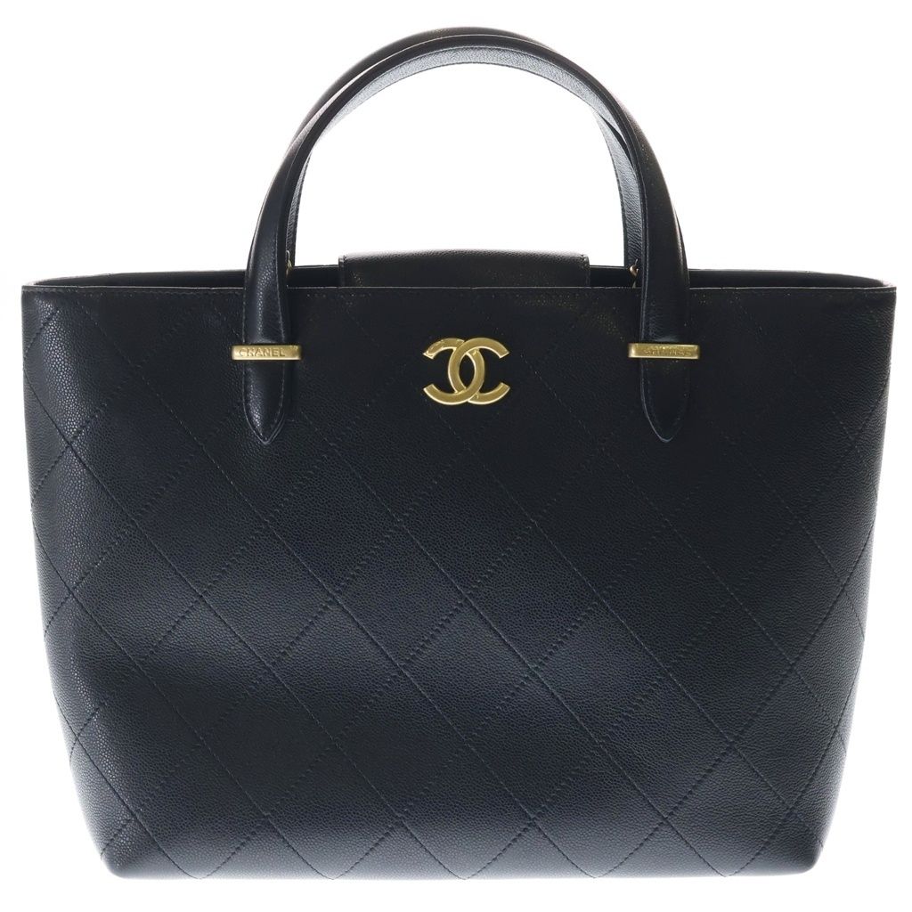 Chanel Quilted Classic Shopping Handbag Tote Shoulder Bag Black Caviar Leather