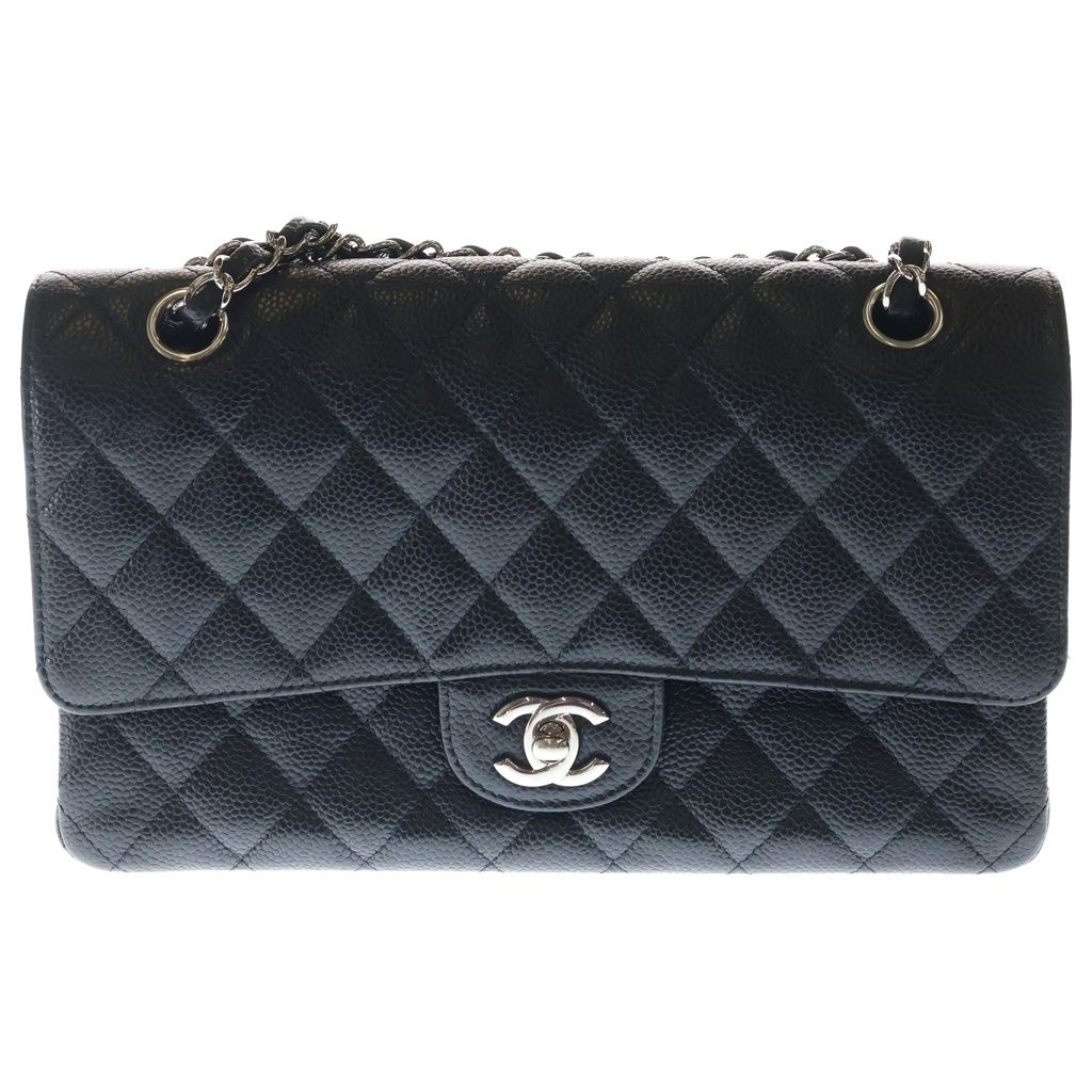 Chanel Quilted 25 Double Flap Chain Shoulder Bag Black Caviar Leather Silver
