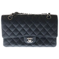 Chanel Quilted 25 Double Flap Chain Shoulder Bag Black Caviar Leather Silver