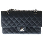 Chanel Quilted 25 Double Flap Chain Shoulder Bag Black Caviar Leather Silver