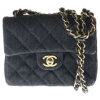 Chanel Mini Quilted 17 Chain Shoulder Mini Bag Black Denim Gold