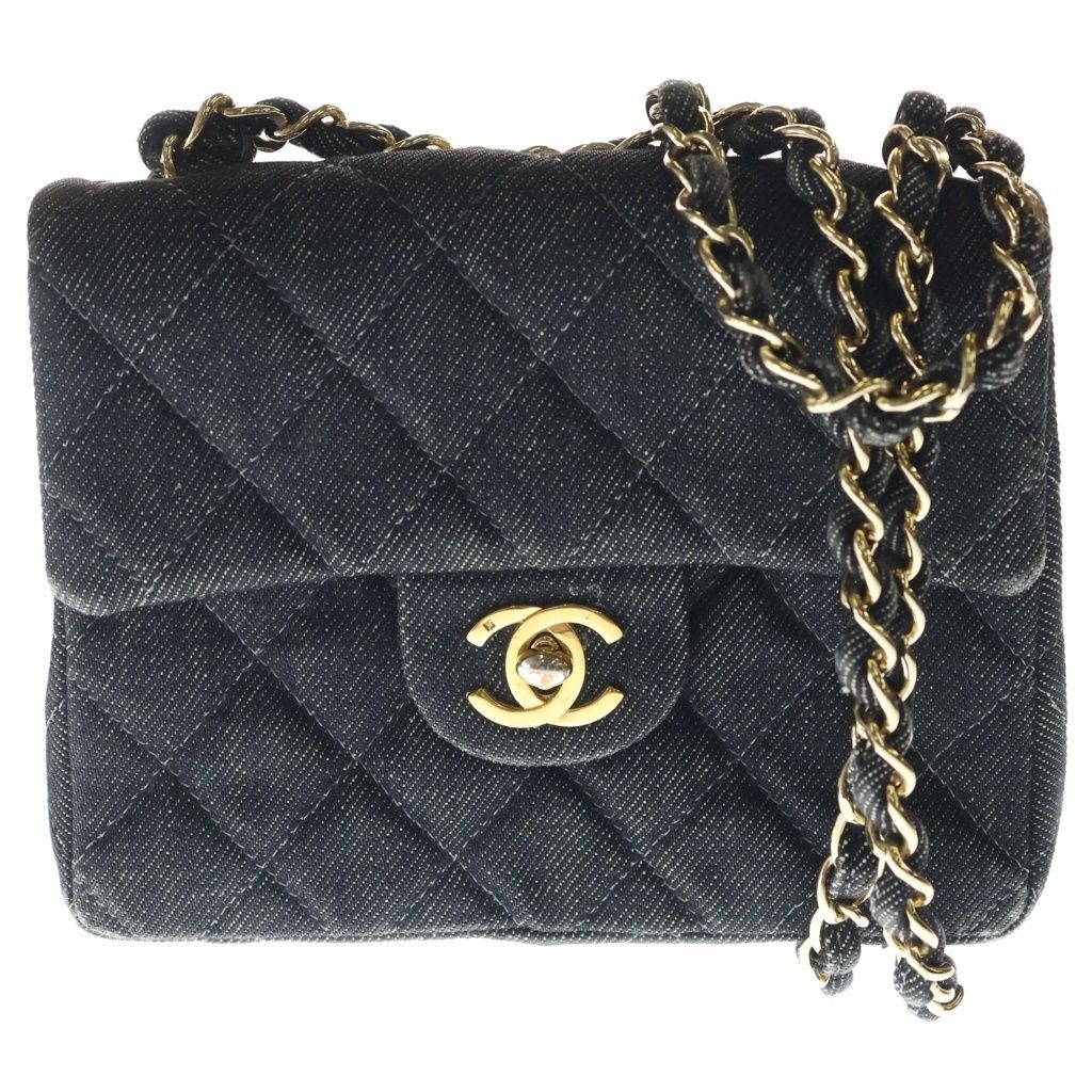 Chanel Mini Quilted 17 Chain Shoulder Mini Bag Black Denim Gold