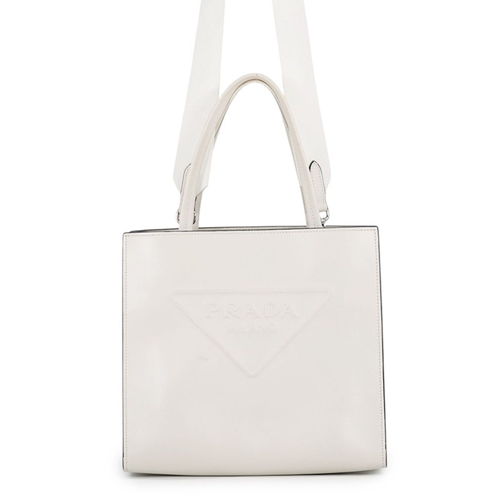 Prada Embossed Triangle Logo Leather 2-Way White Handbag